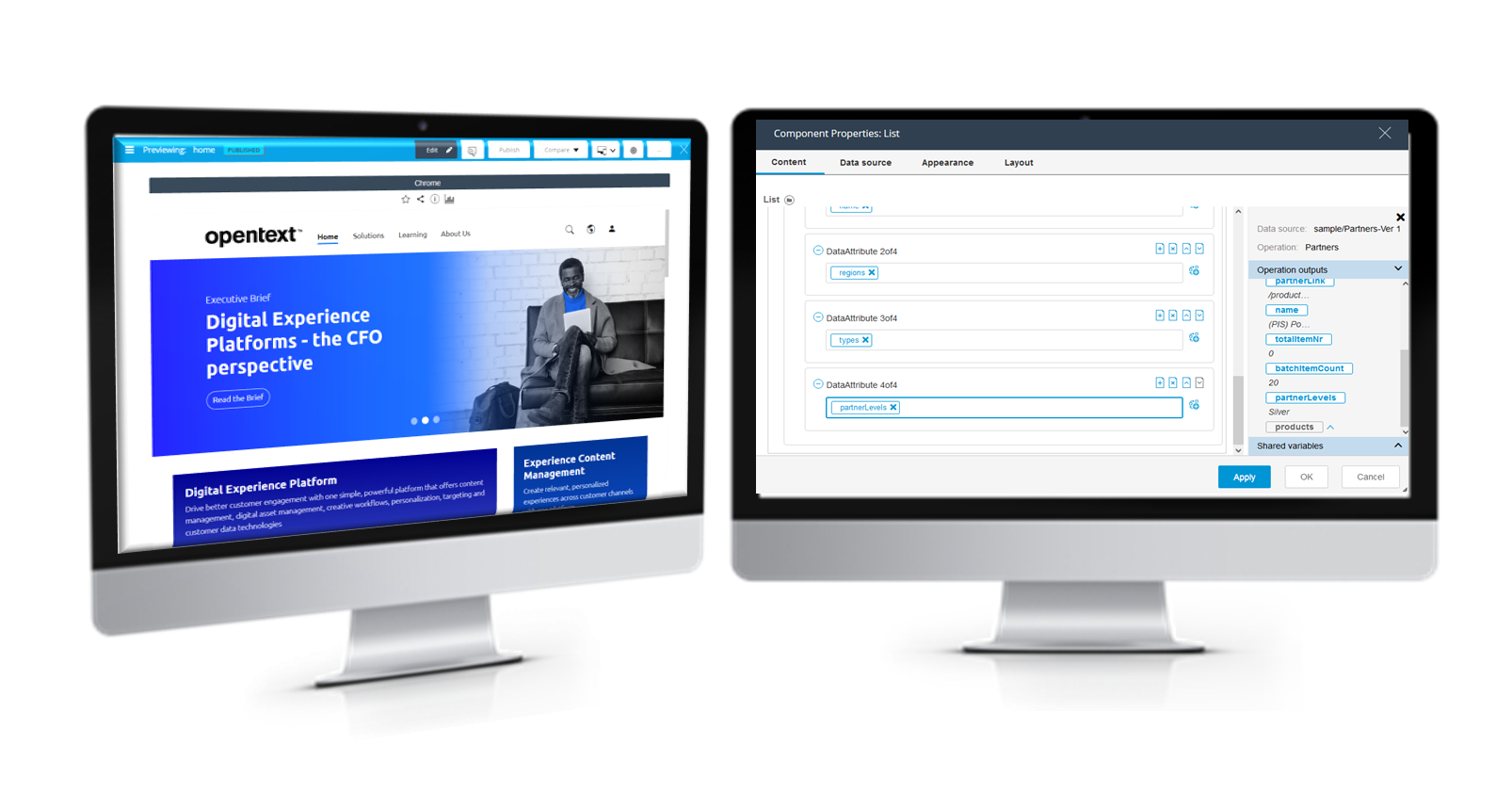 Two monitors display screenshots of OpenText TeamSite 23.4, showing new capabilities to edit dynamic experiences. 